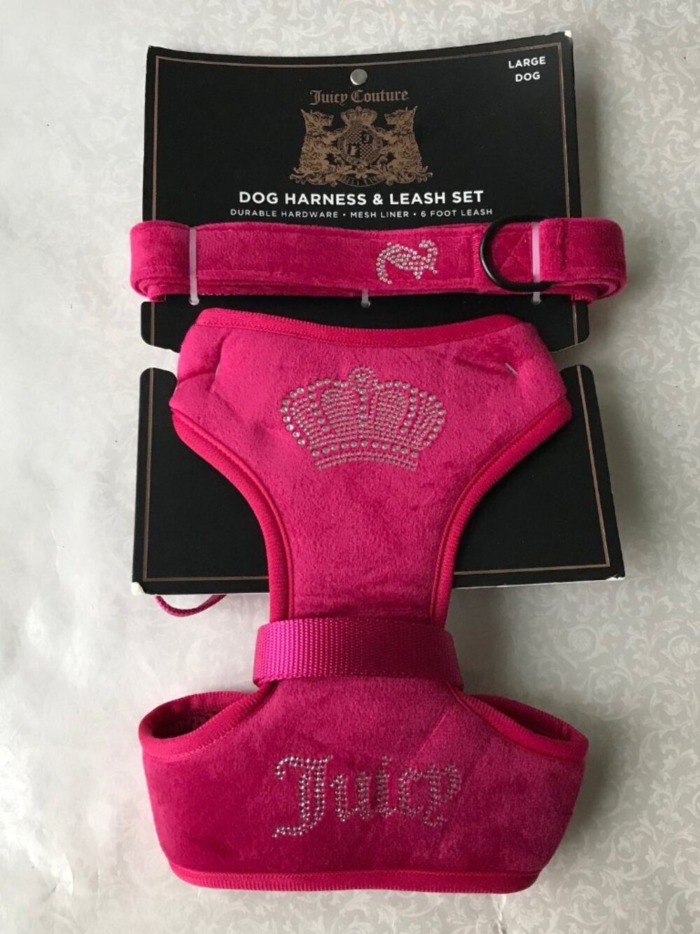 Juicy Couture Harness and Leash Set Mesh Liner Velour Pink Large